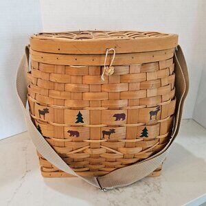 Northwood Woven Creel Fishing Basket Wildlife Print Hinged Lid, Adjustable Strap
